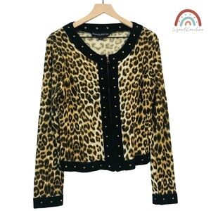 Vintage Pamela McCoy 90s Wool Leopard Cheetah Zip Up Cropped Cardigan Sweater
